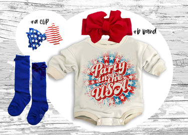 4th of July Baby Outfit: Party in the USA Romper, Bow, Socks