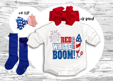 4th of July Baby Outfit: "Red White Boom" Romper, Bow & Socks