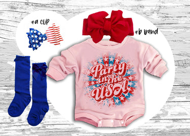 4th of July Baby Outfit: Party in the USA Romper, Bow, Socks