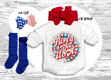 4th of July Baby Outfit: Party in the USA Romper, Bow, Socks
