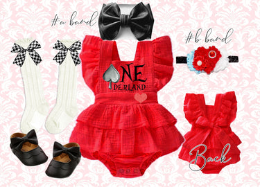 Alice in ONEderland Red Romper Set: First Birthday Spade smash cake Outfit, tea party