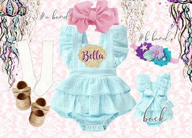 Mermaid Birthday Romper Ruffle Back, matching Headband & Socks