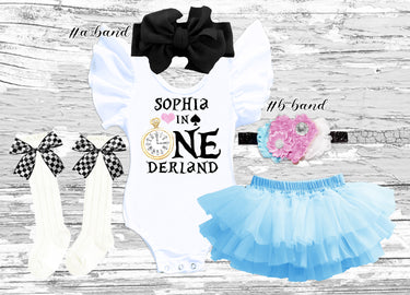 Alice ONEderland Birthday Outfit: Leotard, Blue Tutu Bloomer, Pink flowers Headband & Socks, black bow