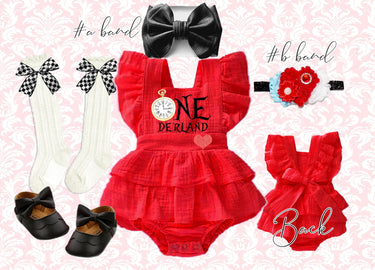 ONEderland Clock Red Romper: Alice Birthday Outfit, Tea Party smash cake Costume