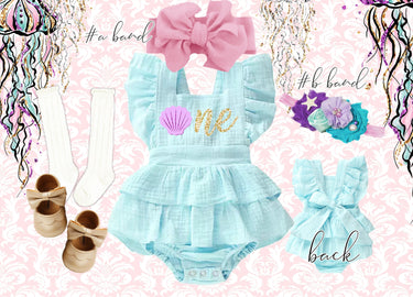 Mermaid Birthday Romper Set: pink lavender aqua Ruffle, Starfish Headband seashell one or two