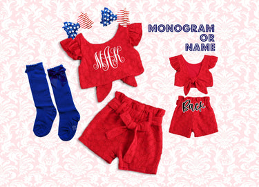 4th of July Baby Outfit: Red Eyelet Top & Shorts Set Personalized initials