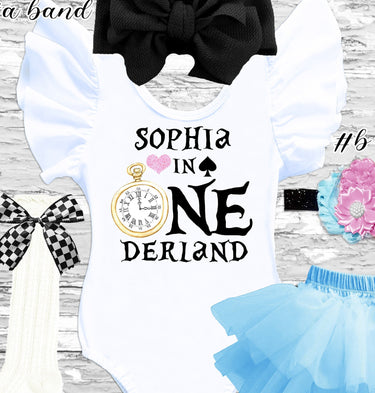 Alice ONEderland Birthday Outfit: Leotard, Blue Tutu Bloomer, Pink flowers Headband & Socks, black bow