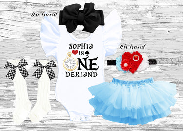 Alice In ONEderland Birthday Outfit: Leotard, Blue Tutu, red flower Headband & Socks, Black bow