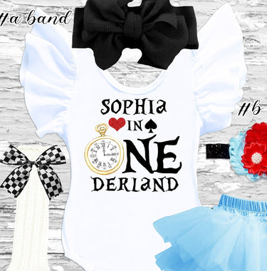 Alice In ONEderland Birthday Outfit: Leotard, Blue Tutu, red flower Headband & Socks, Black bow