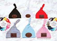 Personalized Knotted Baby Hat: Engraved Vegan Leatherette Patch