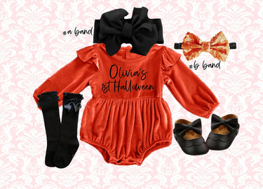 Baby Girl's First Halloween Outfit: Velvet Romper, Headband & Socks