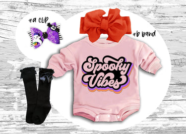 Retro Halloween Baby Outfit: Spooky Vibes Romper, Bow Clip, Headband & Socks