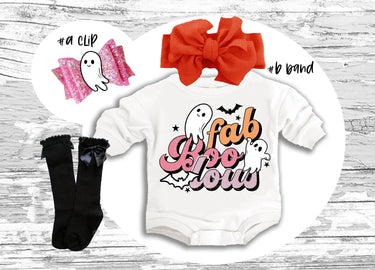 Halloween Baby Outfit, FABbooLous Romper, Bow, Socks Set