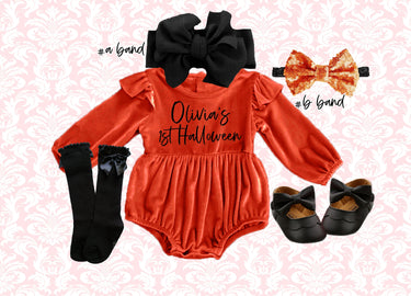 Baby Girl's First Halloween Outfit: Velvet Romper, Headband & Socks