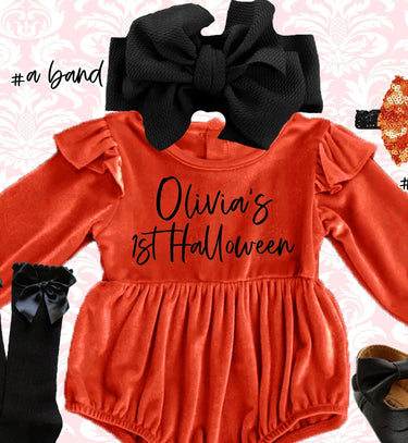 Baby Girl's First Halloween Outfit: Velvet Romper, Headband & Socks