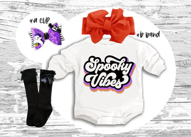 Retro Halloween Baby Outfit: Spooky Vibes Romper, Bow Clip, Headband & Socks