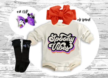 Retro Halloween Baby Outfit: Spooky Vibes Romper, Bow Clip, Headband & Socks