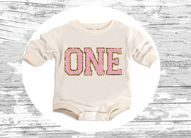 Chenille Patch Birthday Sweatshirt: Pink gold Glitter Letter Applique bubble romper sweatsuit