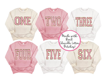 Chenille Patch Birthday Sweatshirt: Pink gold Glitter Letter Applique bubble romper sweatsuit