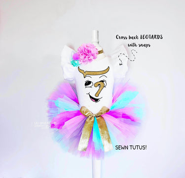 Halloween costume, Teacup girl tutu Outfit, Chip birthday leotard Mrs. Pot tee