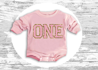 Chenille Patch Birthday Sweatshirt: Pink gold Glitter Letter Applique bubble romper sweatsuit