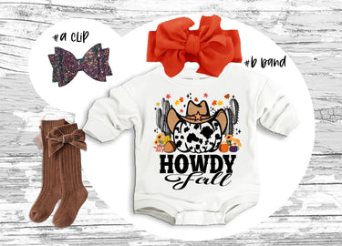 Thanksgiving Baby Outfit: Howdy Fall Romper, Bow Clip, Headband & Socks