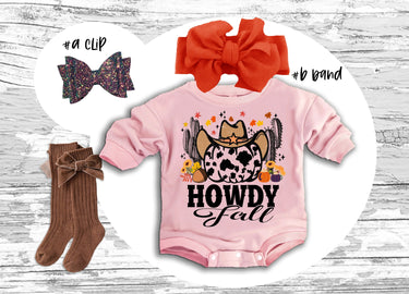 Thanksgiving Baby Outfit: Howdy Fall Romper, Bow Clip, Headband & Socks