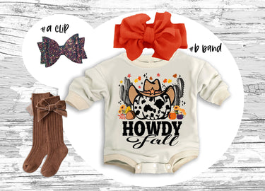 Thanksgiving Baby Outfit: Howdy Fall Romper, Bow Clip, Headband & Socks