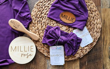 Bamboo Baby Gown Set: Personalized Purple Knotted Gown, Hat & Headband, Maternity robes, Gifts