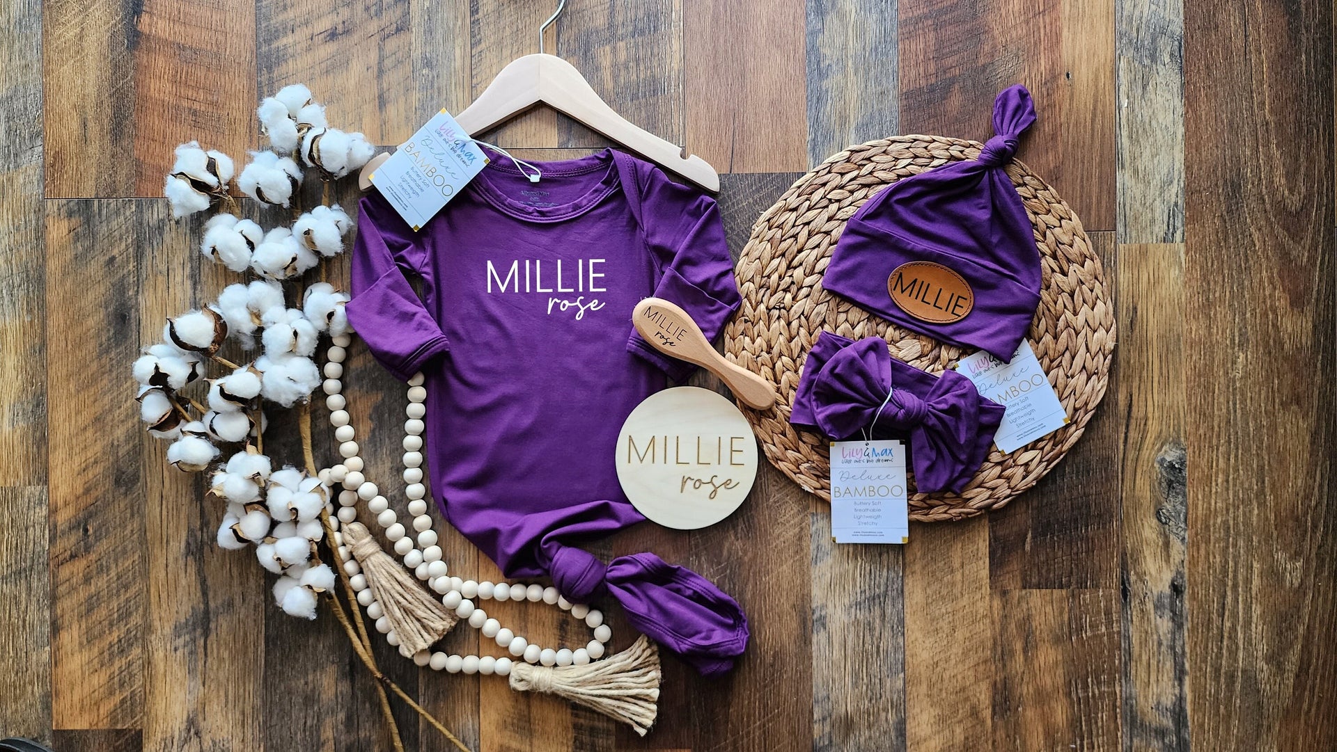 Bamboo Baby Gown Set: Personalized Purple Knotted Gown, Hat & Headband, Maternity robes, Gifts CANDY PINK / GOWN+BRUSH
