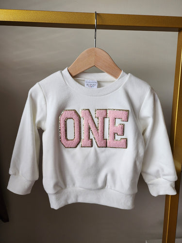 Chenille Patch Birthday Sweatshirt: Pink gold Glitter Letter Applique bubble romper sweatsuit