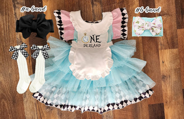 Alice ONEderland Birthday Dress: Costume Outfit, Bow Headband & Socks