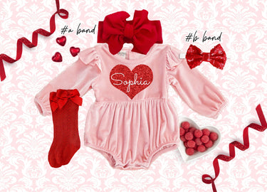 Valentine's Day Velvet Romper: Personalized Pink Baby Outfit with red heart