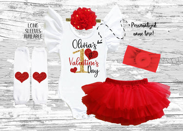 Personalized 1st Valentine's Day Tutu Bloomer Outfit: Flutter Sleeve Leotard