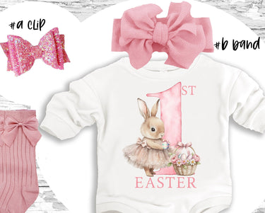 1st Easter Baby Outfit: Bunny Romper, Bow Clip & Headband Set
