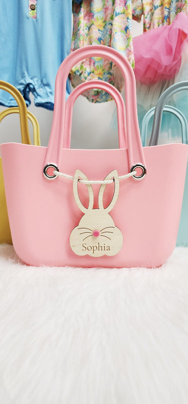 Personalized Easter Basket: Laser Engraved Bunny Tag, Egg Hunt Bag