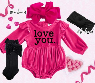 Valentine's Day Velvet Baby Romper Outfit, Monogrammed, Headband & Socks