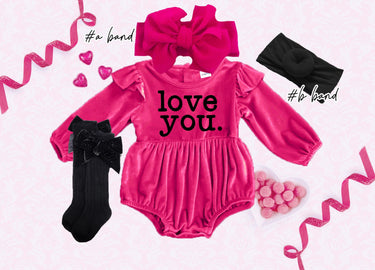 Valentine's Day Velvet Baby Romper Outfit, Monogrammed, Headband & Socks