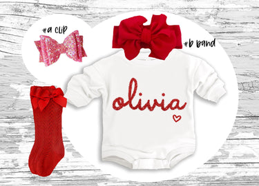 Personalized Valentines Baby Outfit: Romper, Bow Clip, Headband & Socks