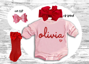 Personalized Valentines Baby Outfit: Romper, Bow Clip, Headband & Socks