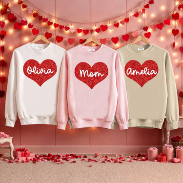 Personalized Glitter Heart Valentine Sweatshirt, Baby to Adult
