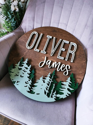 Custom Pine Tree Name Sign, Layered Wood Woodland Nursery Decor