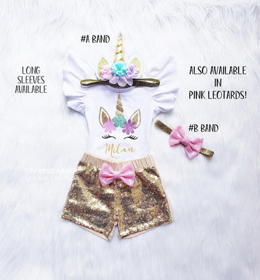 Unicorn Birthday Outfit: Gold Sequin Shorts, Leotard & Headband