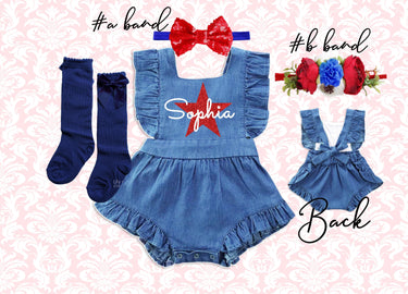 4th of July Baby Romper Set: Patriotic Denim Outfit with Sequin Bow