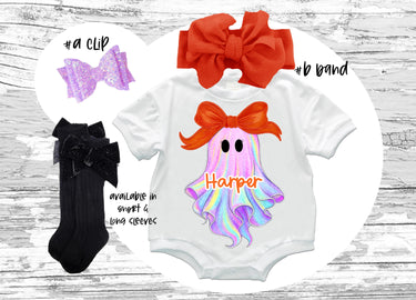 Neon Ghost Halloween Baby Outfit: Personalized Romper, Bow & Socks