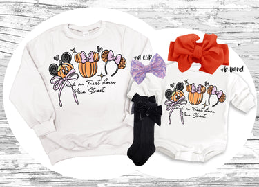Halloween Baby Romper Set: Trick or Treat Sweatshirt, Bow Clip, Headband & Socks