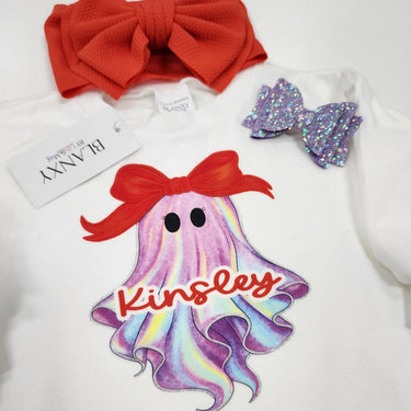 Neon Ghost Halloween Baby Outfit: Personalized Romper, Bow & Socks