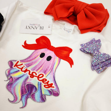 Neon Ghost Halloween Baby Outfit: Personalized Romper, Bow & Socks