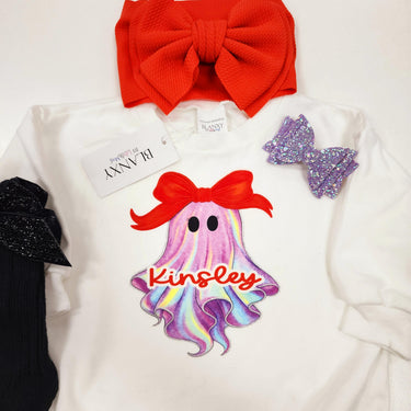 Neon Ghost Halloween Baby Outfit: Personalized Romper, Bow & Socks