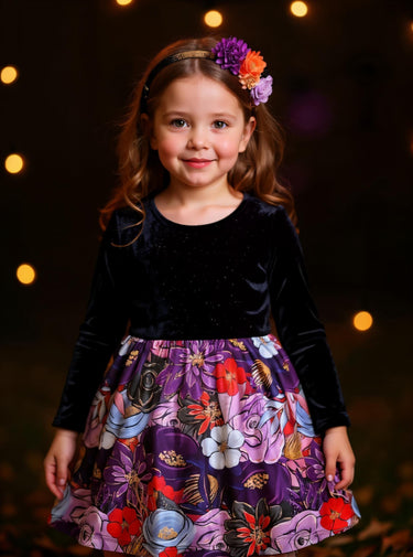 Halloween Velvet Top Dress: Floral Fall Toddler Twirl Dress